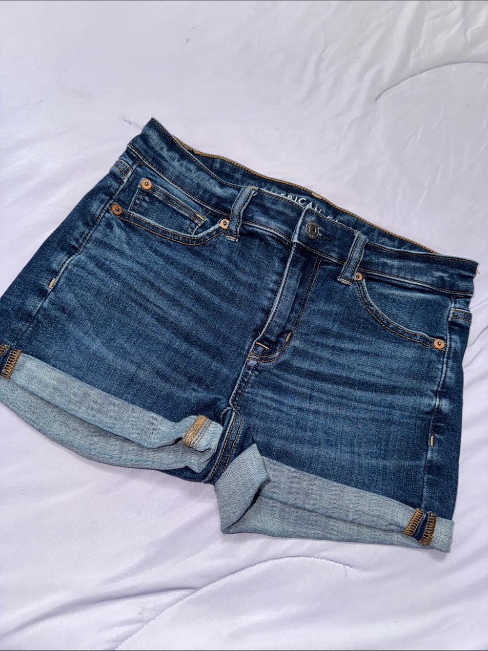 American Eagle Outfitters High-Waisted Dark Blue Rolled-Hem Denim Shorts